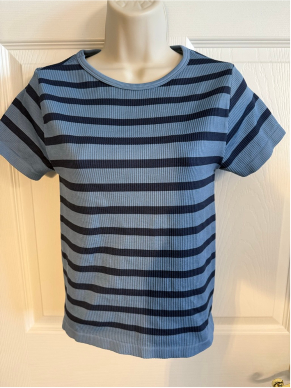 blue striped knit pullover top LC Couture S/M